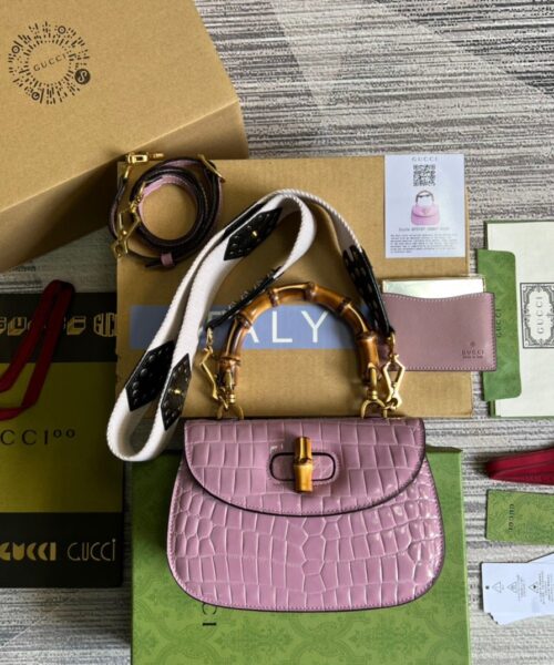 1:1 Replica Gucci Bamboo 1947 Crocodile Top Handle Bag Pink For Women, Women's Bags 10.2in/26cm GG