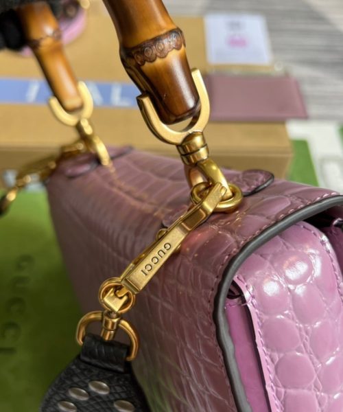 1:1 Replica Gucci Bamboo 1947 Crocodile Top Handle Bag Pink For Women, Women's Bags 10.2in/26cm GG