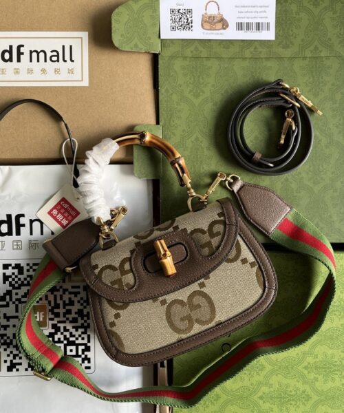 1:1 Replica Gucci Bamboo 1947 Jumbo GG Small Top Handle Bag Camel And Ebony Jumbo GG Canvas Brown For Women 8.3in/21cm 675797 UKMDT 2570