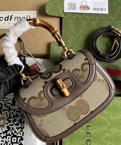 1:1 Replica Gucci Bamboo 1947 Jumbo GG Small Top Handle Bag Camel And Ebony Jumbo GG Canvas Brown For Women 8.3in/21cm 675797 UKMDT 2570