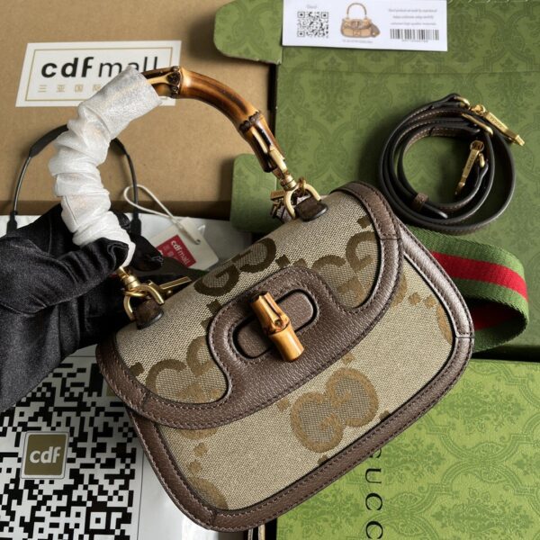 1:1 Replica Gucci Bamboo 1947 Jumbo GG Small Top Handle Bag Camel And Ebony Jumbo GG Canvas Brown For Women 8.3in/21cm 675797 UKMDT 2570