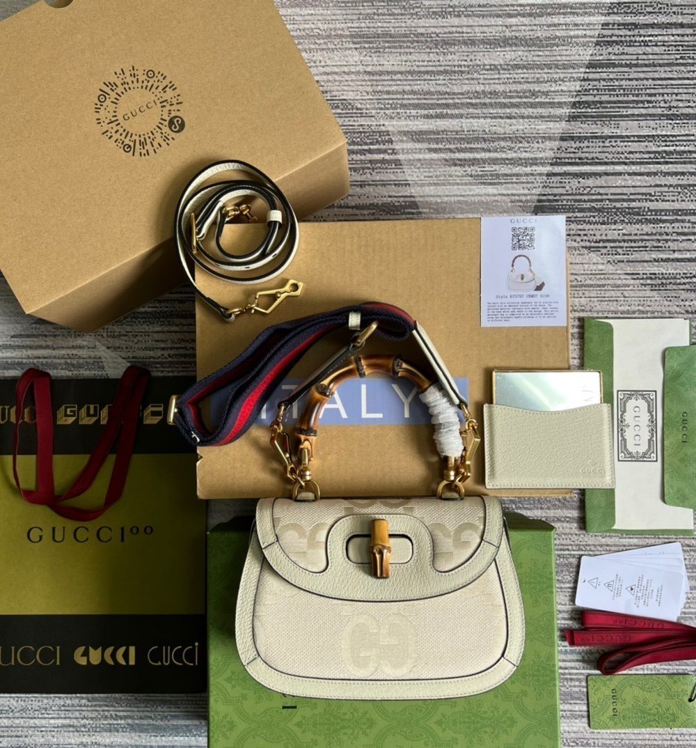 1:1 Replica Gucci Bamboo 1947 Medium Top Handle Bag White For Women, Women's Bags 10.2in/26cm GG