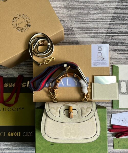 1:1 Replica Gucci Bamboo 1947 Medium  Top Handle Bag White For Women, Women's Bags 10.2in/26cm GG