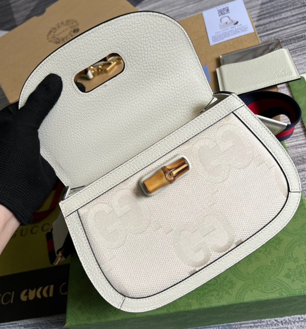 1:1 Replica Gucci Bamboo 1947 Medium  Top Handle Bag White For Women, Women's Bags 10.2in/26cm GG