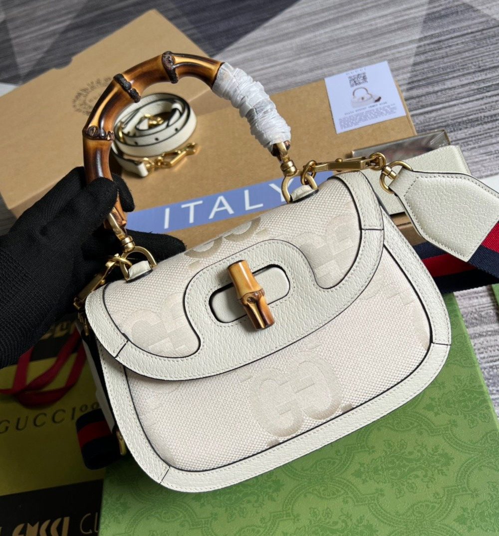 1:1 Replica Gucci Bamboo 1947 Medium  Top Handle Bag White For Women, Women's Bags 10.2in/26cm GG