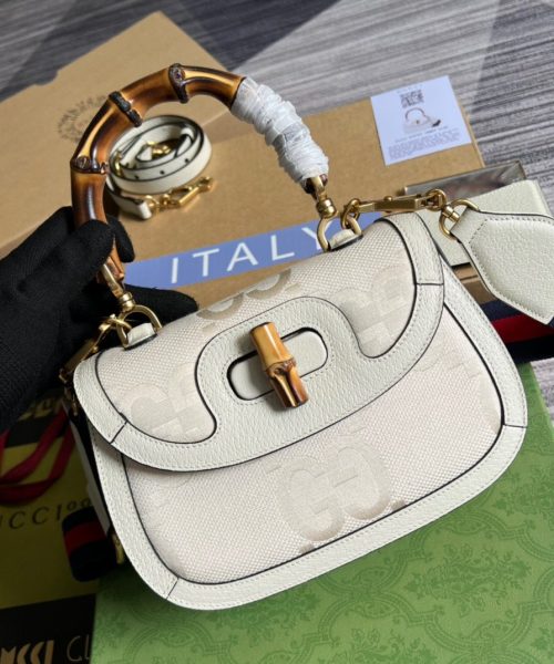 1:1 Replica Gucci Bamboo 1947 Medium  Top Handle Bag White For Women, Women's Bags 10.2in/26cm GG