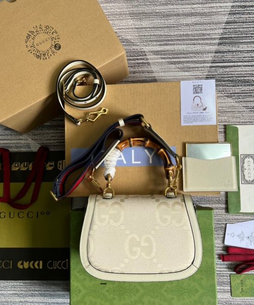 1:1 Replica Gucci Bamboo 1947 Medium  Top Handle Bag White For Women, Women's Bags 10.2in/26cm GG
