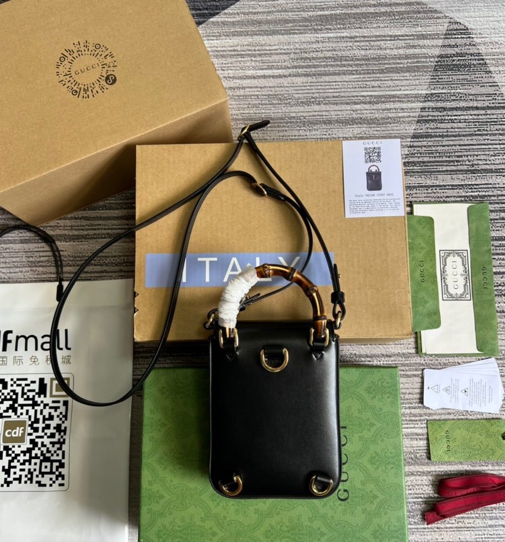 1:1 Replica Gucci Bamboo Mini Handbag Black For Women, Women's Bags 6.2in/16cm GG 702106 UZY0T 1000