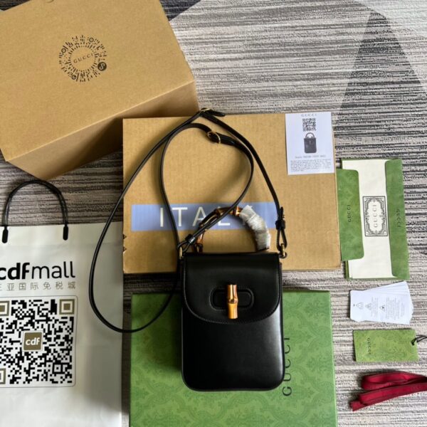 1:1 Replica Gucci Bamboo Mini Handbag Black For Women, Women's Bags 6.2in/16cm GG 702106 UZY0T 1000