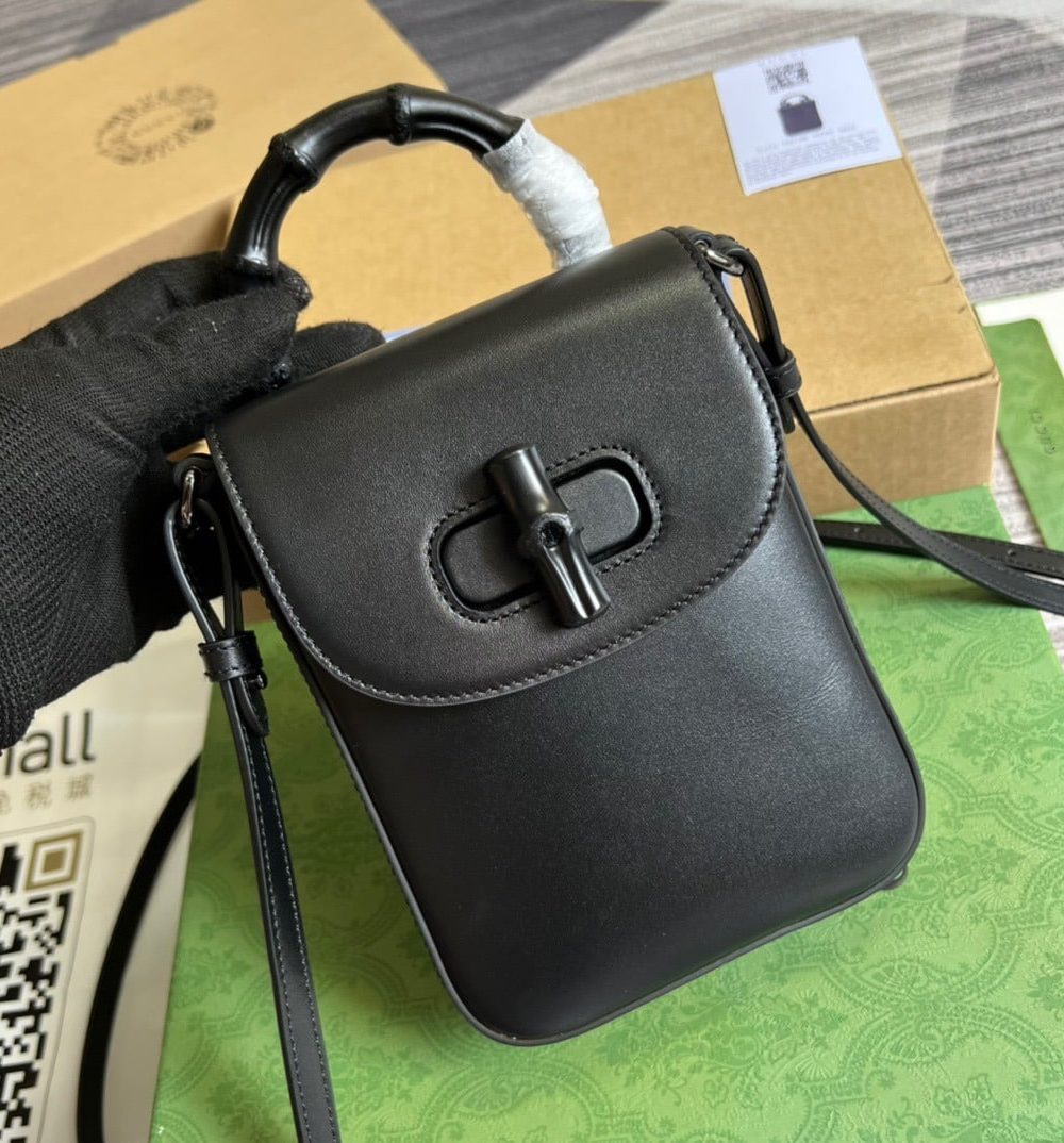 1:1 Replica Gucci Bamboo Mini Handbag Black For Women, Women's Bags 6.2in/16cm GG