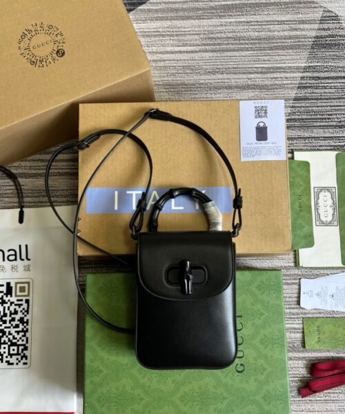 1:1 Replica Gucci Bamboo Mini Handbag Black For Women, Women's Bags 6.2in/16cm GG
