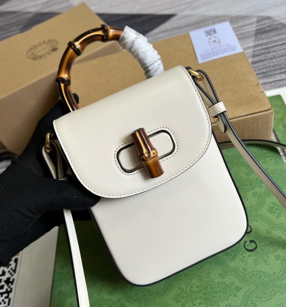 1:1 Replica Gucci Bamboo Mini Handbag White For Women, Women's Bags 6.2in/16cm GG 702106 UZY0T 9022