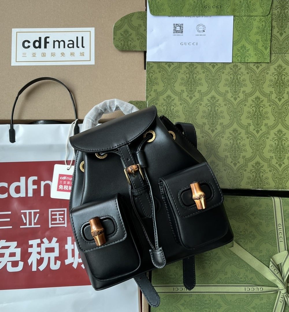 1:1 Replica Gucci Bamboo Small Backpack Black For Women, Women's Bags 8.6in/22cm GG 702101 UZY0T 1000