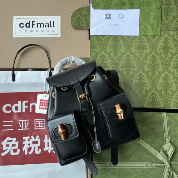 1:1 Replica Gucci Bamboo Small Backpack Black For Women, Women's Bags 8.6in/22cm GG ‎702101 UZY0T 1000