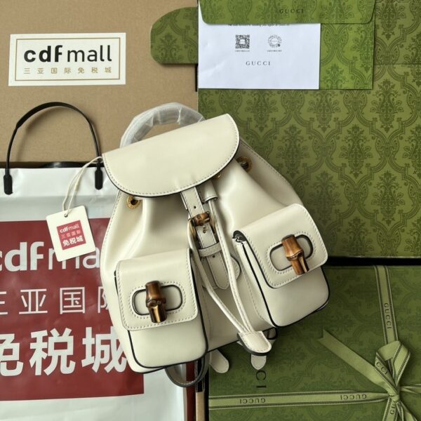 1:1 Replica Gucci Bamboo Small Backpack White For Women, Women's Bags 8.6in/22cm GG ‎‎702101 UZY0T 9022