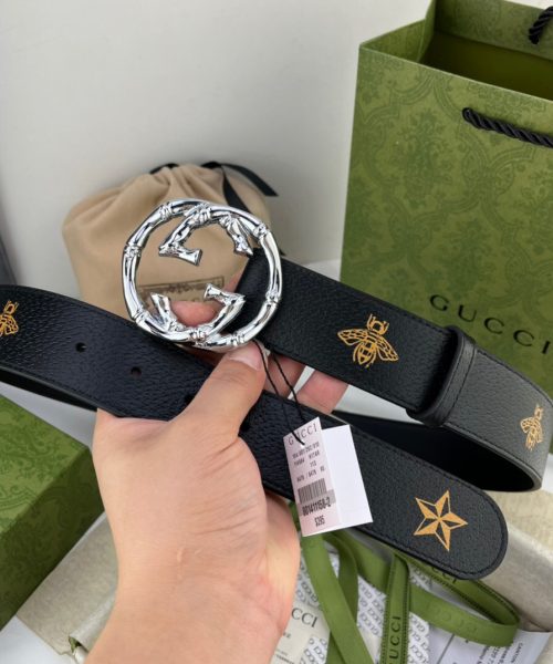 1:1 Replica Gucci Belt With Bee And Star Pattern And Interlocking G Buckle Black For Women, Women Belt
