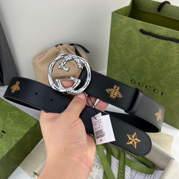 1:1 Replica Gucci Belt With Bee And Star Pattern And Interlocking G Buckle Black For Women, Women Belt