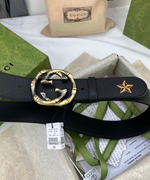 1:1 Replica Gucci Belt With Bee And Star Pattern And Interlocking G Buckle Black For Women, Women Belt