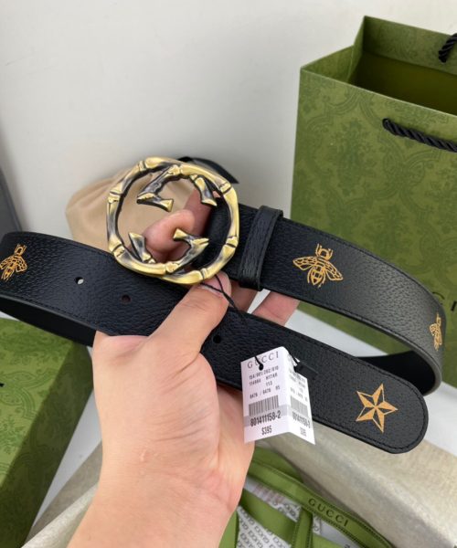 1:1 Replica Gucci Belt With Bee And Star Pattern And Interlocking G Buckle Black For Women, Women Belt