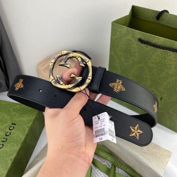 1:1 Replica Gucci Belt With Bee And Star Pattern And Interlocking G Buckle Black For Women, Women Belt