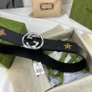 1:1 Replica Gucci Belt With Bee And Star Pattern And Interlocking G Buckle Black For Women, Women Belt