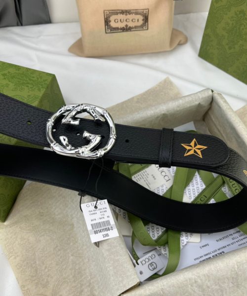 1:1 Replica Gucci Belt With Bee And Star Pattern And Interlocking G Buckle Black For Women, Women Belt