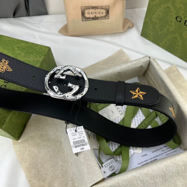 1:1 Replica Gucci Belt With Bee And Star Pattern And Interlocking G Buckle Black For Women, Women Belt