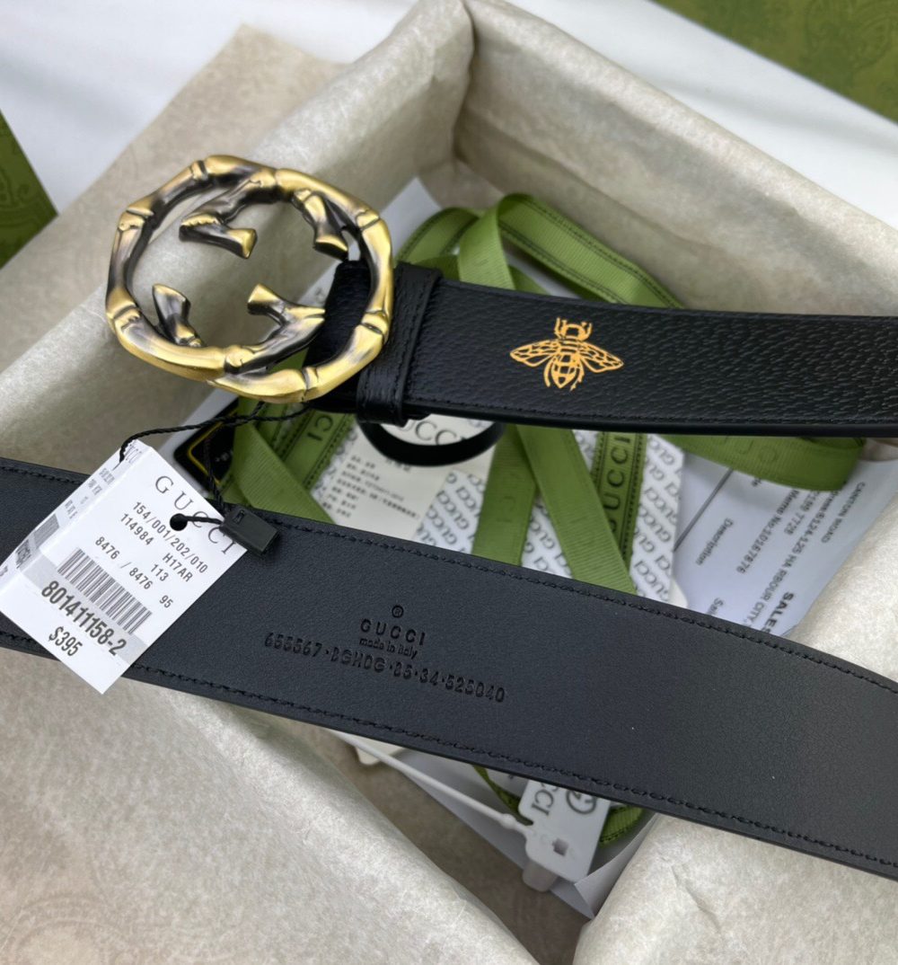 1:1 Replica Gucci Belt With Bee And Star Pattern And Interlocking G Buckle Black For Women, Women Belt