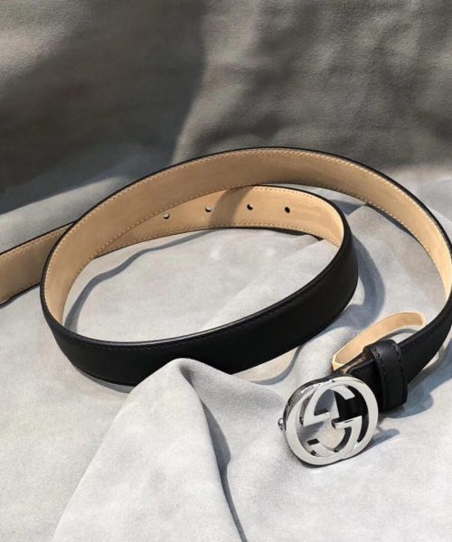 1:1 Replica Gucci Belt With Interlocking G Buckle Black/Cream GG, Women Belt 370717