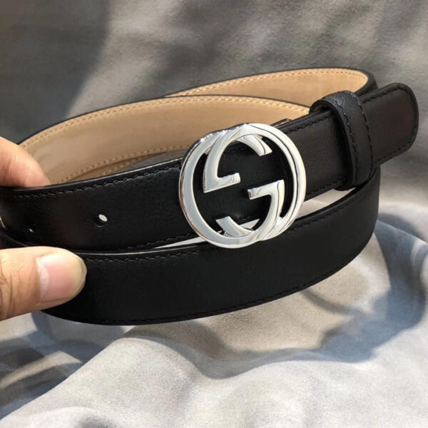 1:1 Replica Gucci Belt With Interlocking G Buckle Black/Cream GG, Women Belt 370717