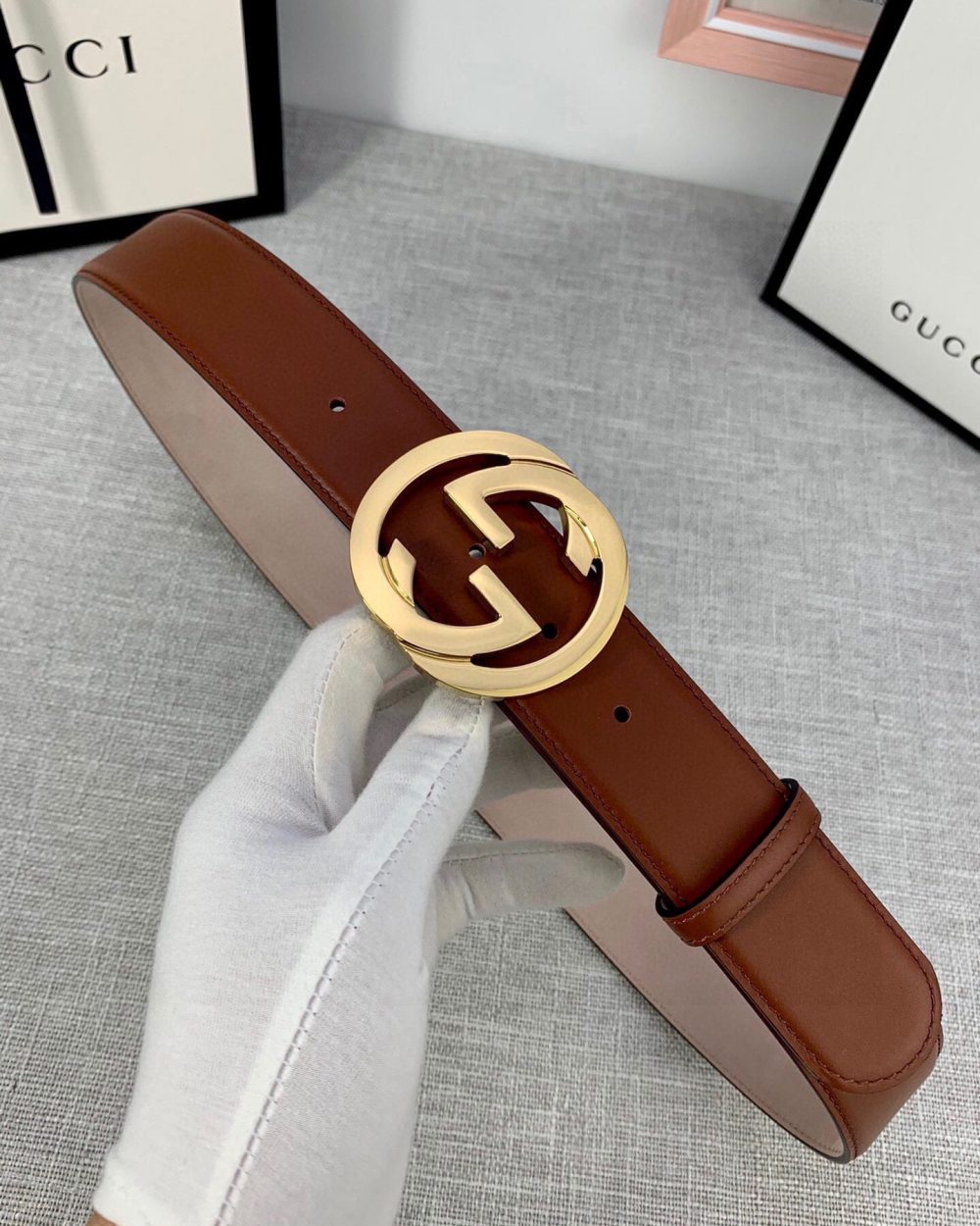 1:1 Replica Gucci Belt With Interlocking G Buckle Brown GG, Women Belt ‎370717