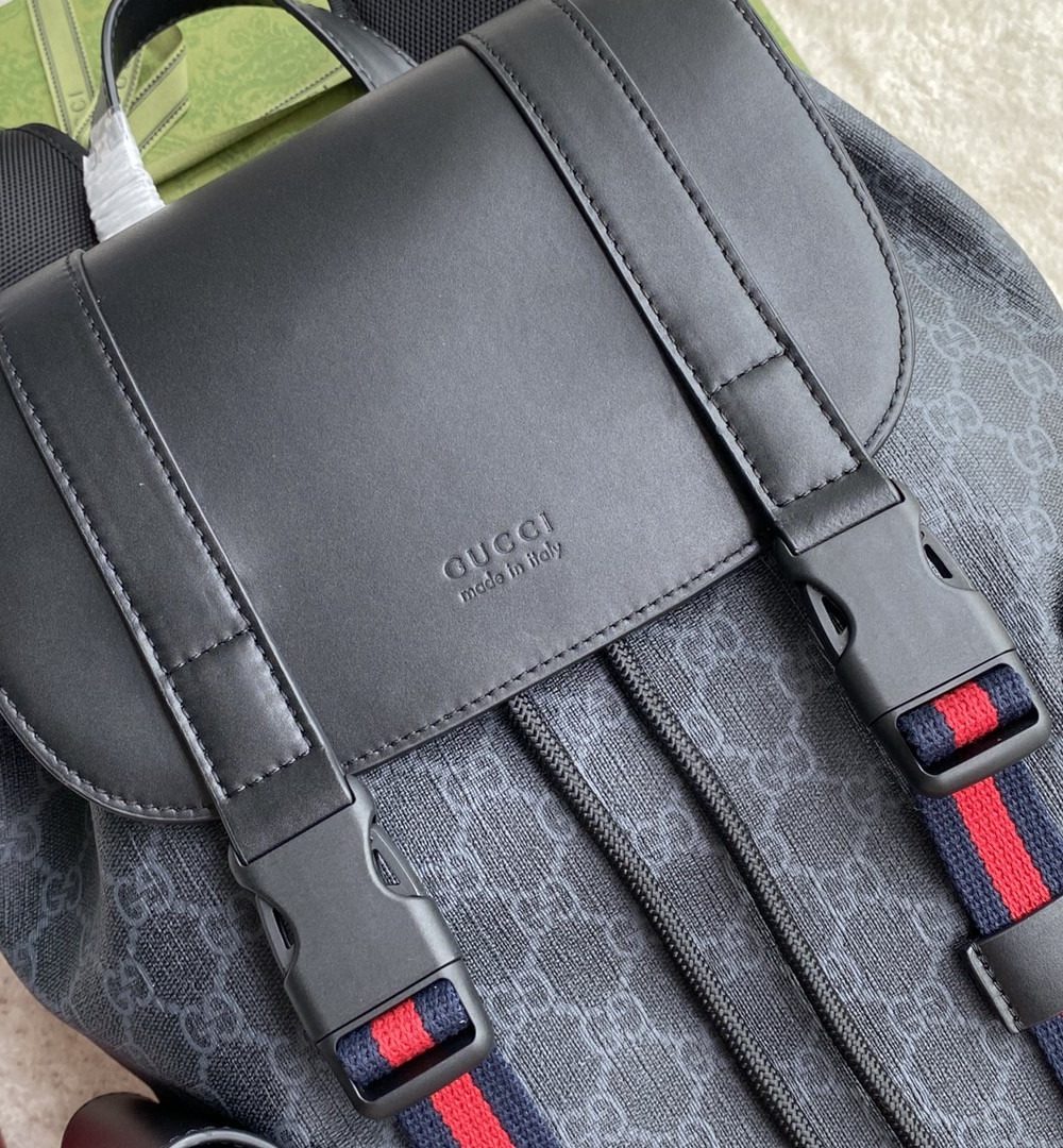 1:1 Replica Gucci Black Backpack Black/Grey Soft GG Supreme Blue And Red Web For Men 16.5in/42cm 495563 K9R8X 1071