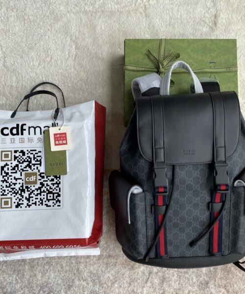 1:1 Replica Gucci Black Backpack Black/Grey Soft GG Supreme Blue And Red Web For Men 16.5in/42cm 495563 K9R8X 1071