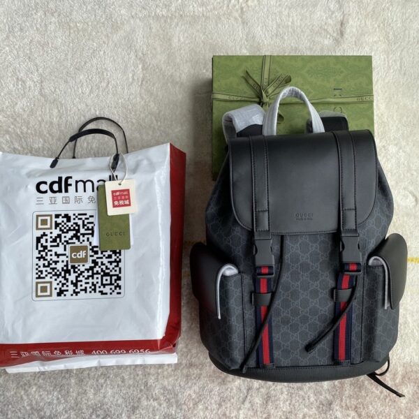 1:1 Replica Gucci Black Backpack Black/Grey Soft GG Supreme Blue And Red Web For Men 16.5in/42cm 495563 K9R8X 1071