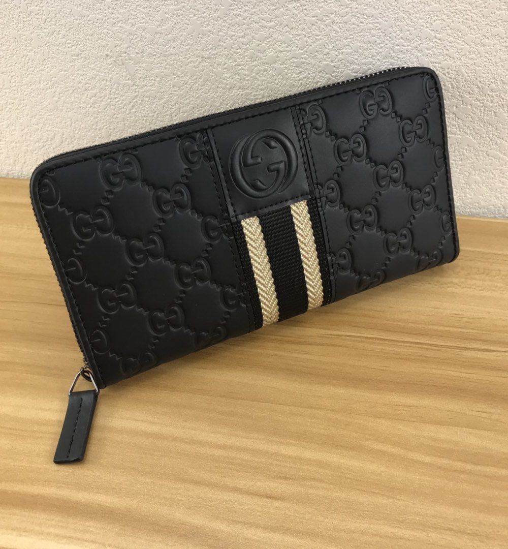 1:1 Replica Gucci Black GG Embossed Zip Around With White Line Wallet For Men, Men's Wallet 19cm/7.5in GG
