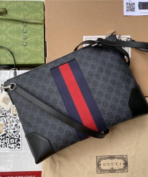 1:1 Replica Gucci Black Messenger Black/Grey GG Supreme Canvas Blue And Red Web For Men 14in/35cm 474139 K5ICN 1095