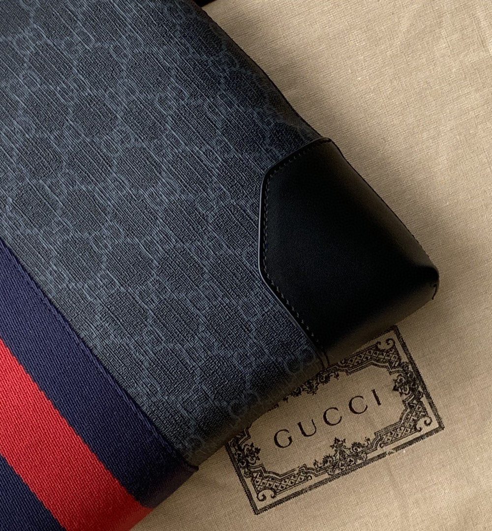 1:1 Replica Gucci Black Messenger Black/Grey GG Supreme Canvas Blue And Red Web For Men 14in/35cm 474139 K5ICN 1095