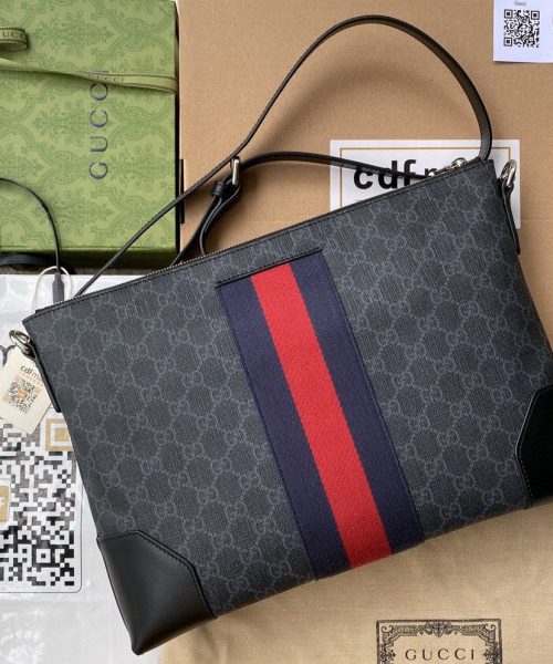 1:1 Replica Gucci Black Messenger Black/Grey GG Supreme Canvas Blue And Red Web For Men 14in/35cm 474139 K5ICN 1095