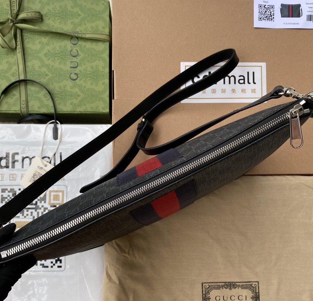 1:1 Replica Gucci Black Messenger Black/Grey GG Supreme Canvas Blue And Red Web For Men 14in/35cm 474139 K5ICN 1095