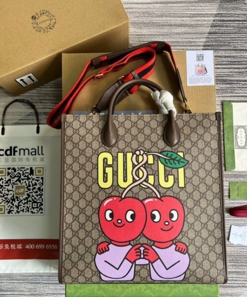 1:1 Replica Gucci Cherry Print Medium Tote Beige For Women, Women's Bags 15.1in/38cm GG ‎703264 U2QAG 8839