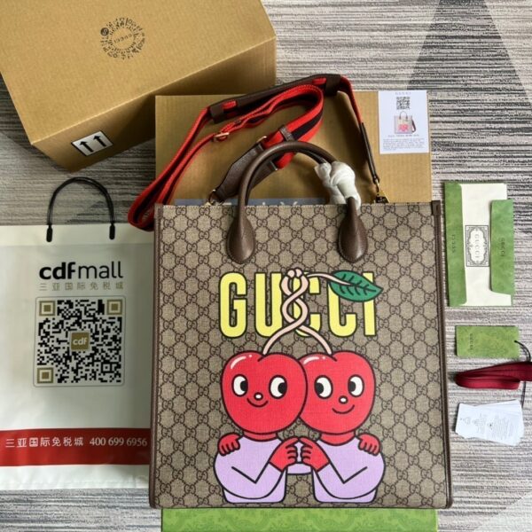 1:1 Replica Gucci Cherry Print Medium Tote Beige For Women, Women's Bags 15.1in/38cm GG ‎703264 U2QAG 8839