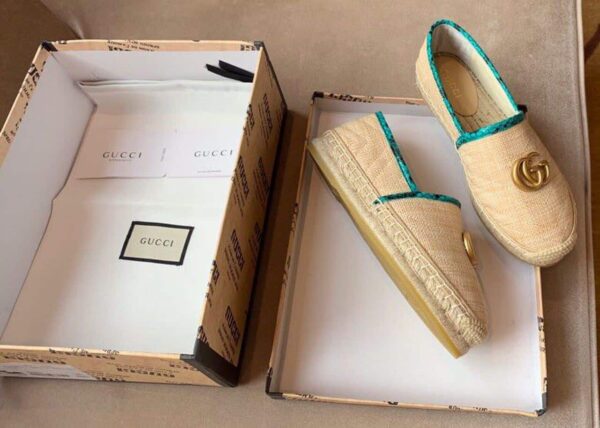 Gucci Chevron Snakeskin Trim Raffia Espadrille with Double G Spring/Summer Collection