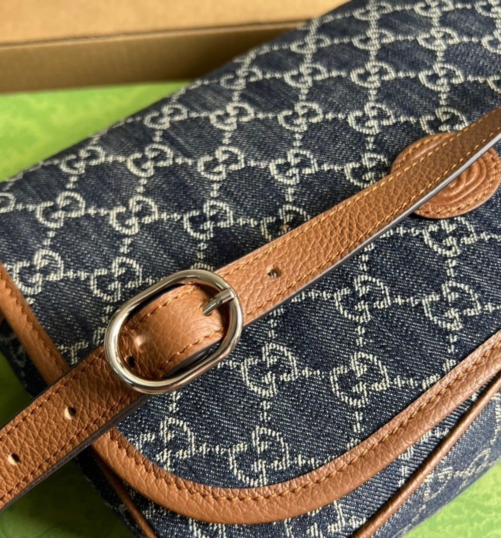1:1 Replica Gucci Children's GG  Messenger Bag Dark Blue And Ivory Eco Washed Organic GG Jacquard Denim For Women  11.4in/29cm GG