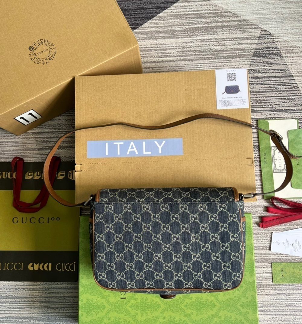 1:1 Replica Gucci Children's GG  Messenger Bag Dark Blue And Ivory Eco Washed Organic GG Jacquard Denim For Women  11.4in/29cm GG