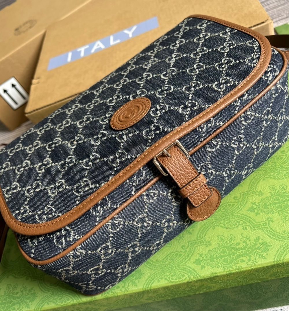 1:1 Replica Gucci Children's GG  Messenger Bag Dark Blue And Ivory Eco Washed Organic GG Jacquard Denim For Women  11.4in/29cm GG