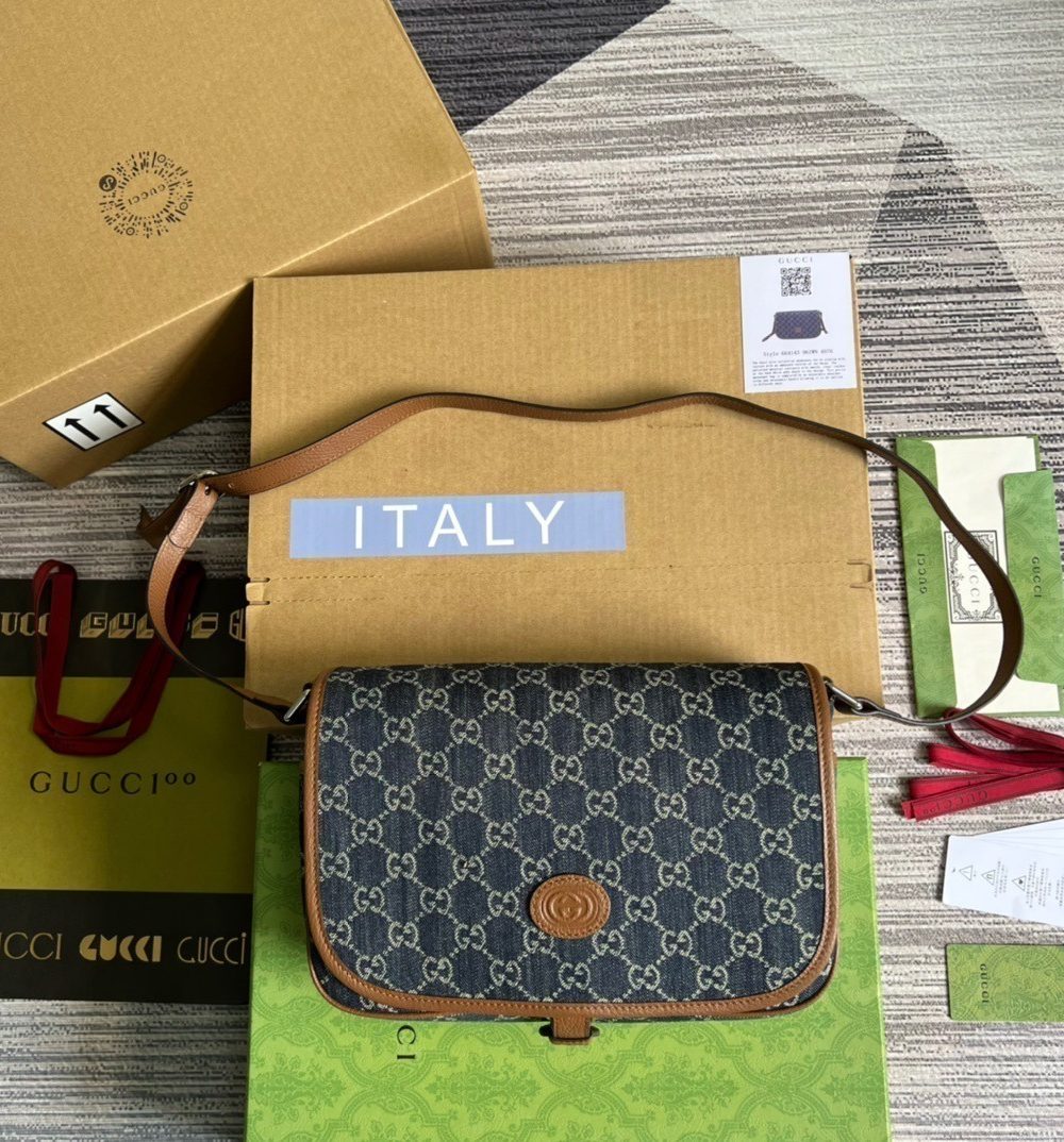 1:1 Replica Gucci Children's GG  Messenger Bag Dark Blue And Ivory Eco Washed Organic GG Jacquard Denim For Women  11.4in/29cm GG