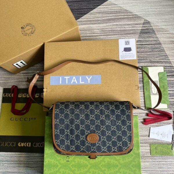 1:1 Replica Gucci Children's GG  Messenger Bag Dark Blue And Ivory Eco Washed Organic GG Jacquard Denim For Women  11.4in/29cm GG