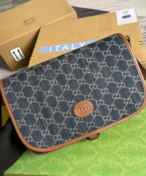 1:1 Replica Gucci Children's GG  Messenger Bag Dark Blue And Ivory Eco Washed Organic GG Jacquard Denim For Women  11.4in/29cm GG