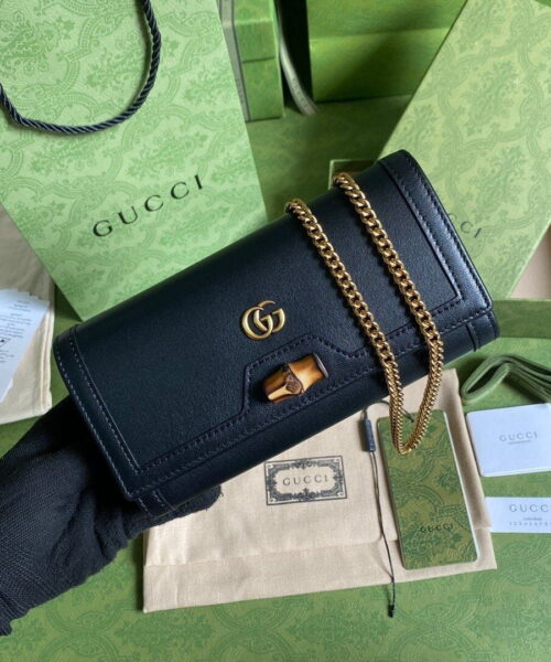 1:1 Replica Gucci Diana Chain Wallet With Bamboo Black For Women, Women's Bags 7.4in/19cm GG 658243 17Q0T 1000