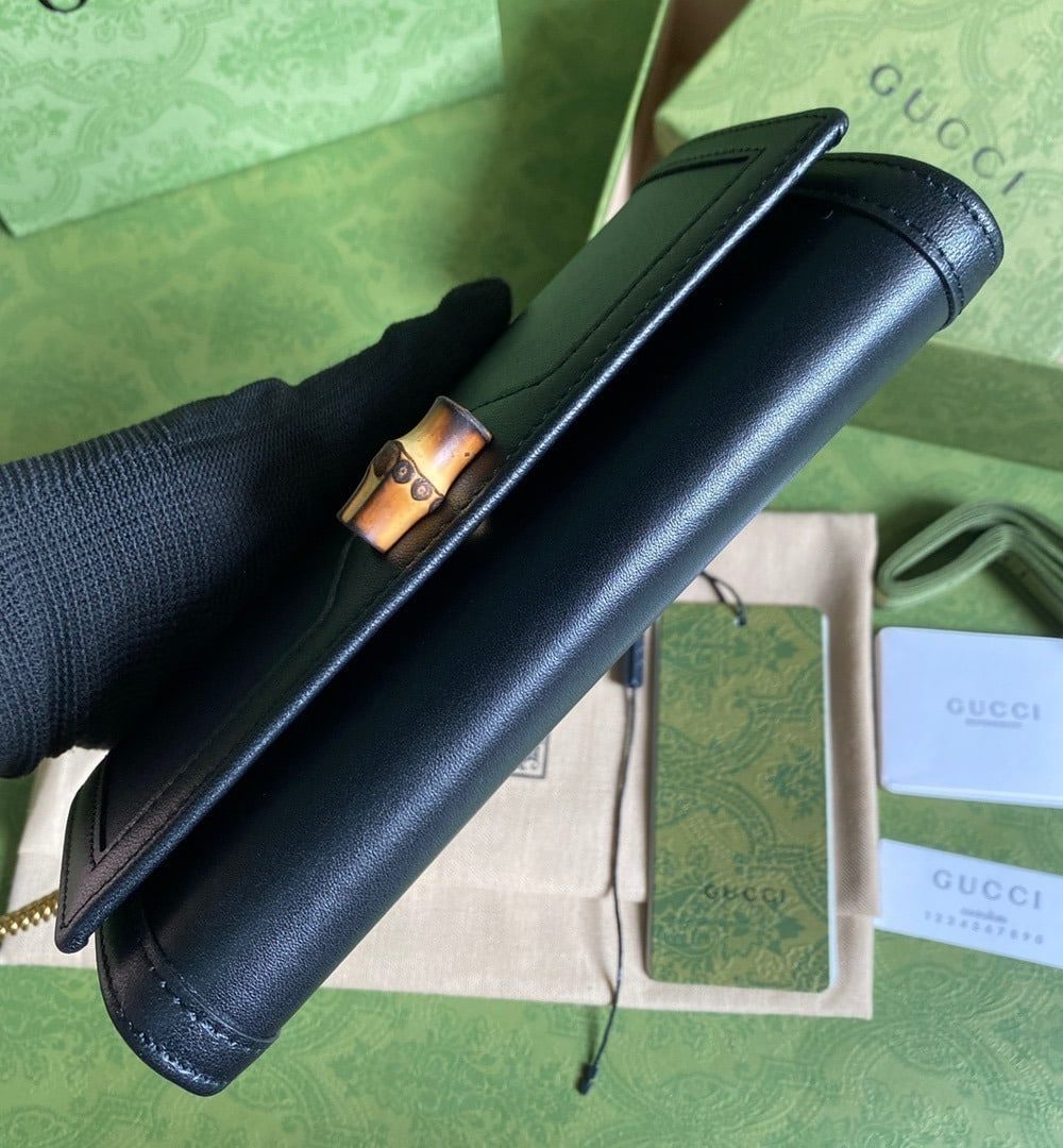 1:1 Replica Gucci Diana Chain Wallet With Bamboo Black For Women, Women's Bags 7.4in/19cm GG 658243 17Q0T 1000